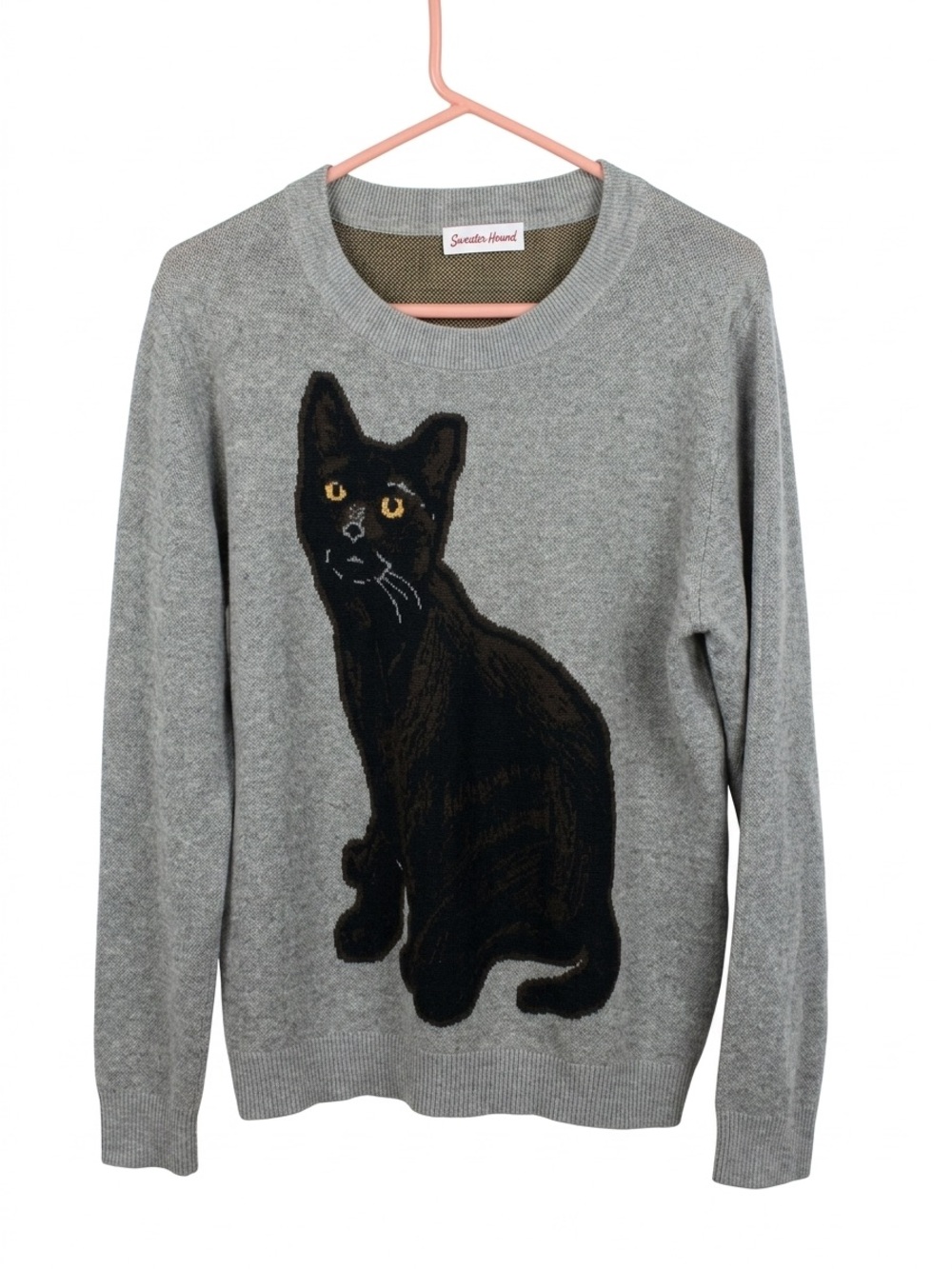Sweater Hound Black Cat Knit Sweater Medium Gray Graphic Crewneck Pullover EUC - Picture 2 of 6